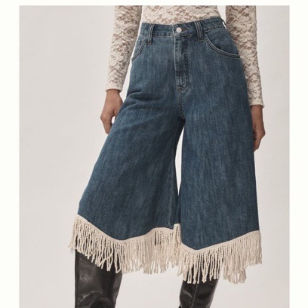 Wide-Leg Fringe Culotte Jeans (New)